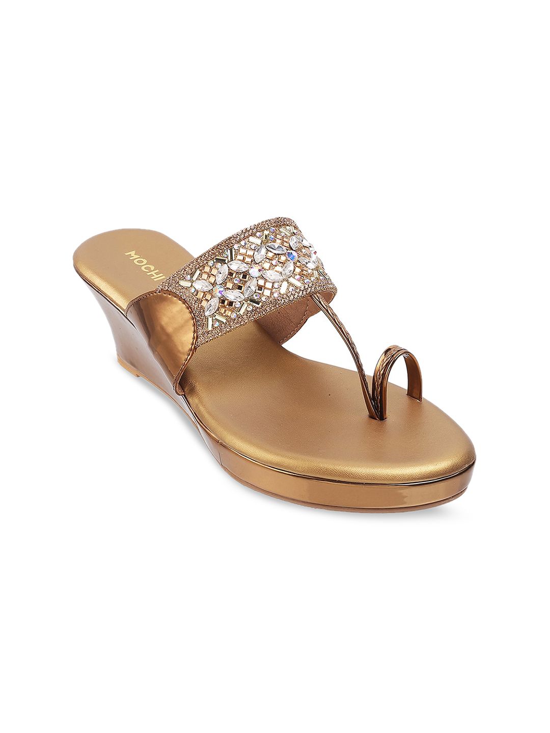 Mochi Women Gold Embellished Wedge Sandals Price in India