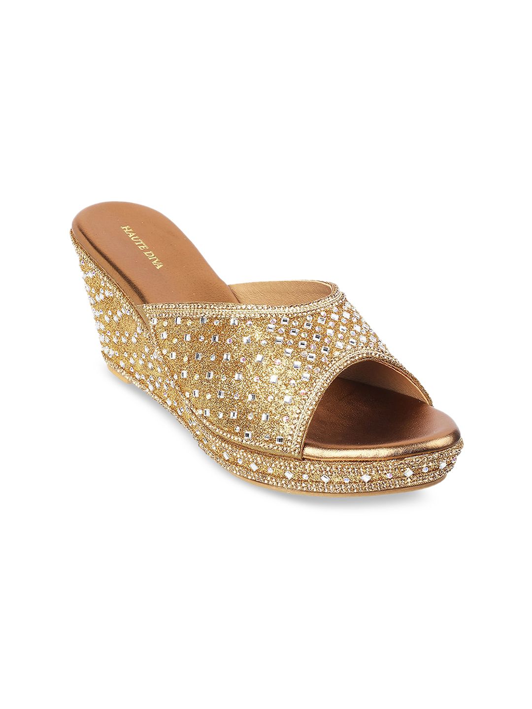 Mochi Gold-Toned Embellished Party Wedge Sandals Heels Price in India