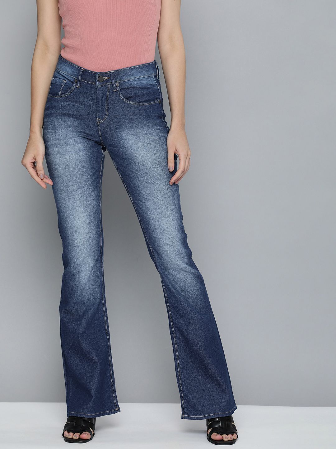 HERE&NOW Women Blue Bootcut High-Rise Heavy Fade Stretchable Jeans Price in India