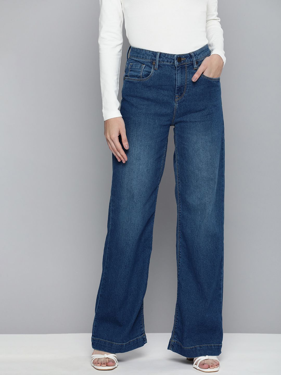 HERE&NOW Women Blue Wide Leg Light Fade Stretchable Jeans Price in India