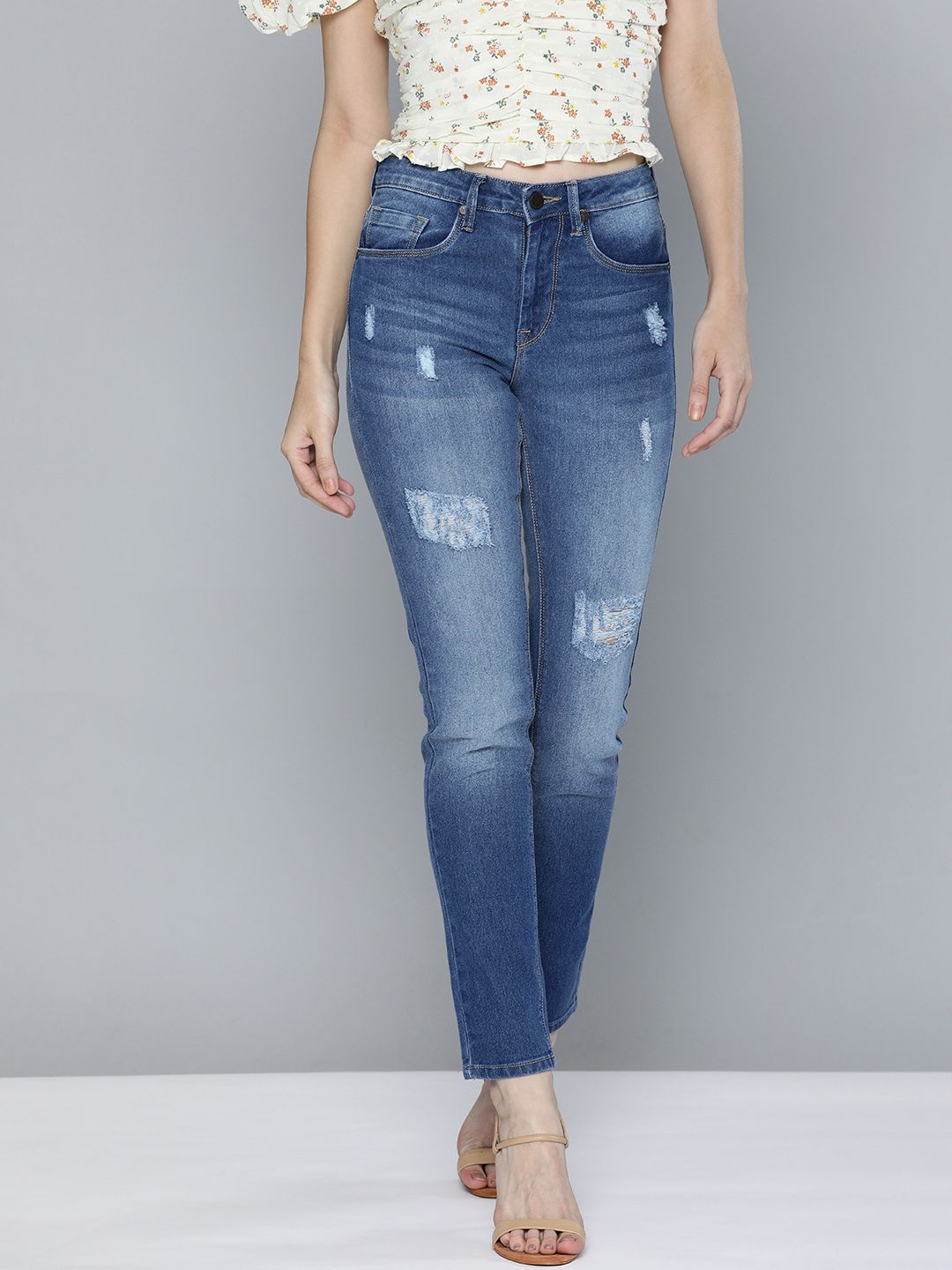 HERE&NOW Women Blue Slim Fit Mildly Distressed Heavy Fade Stretchable Casual Jeans Price in India
