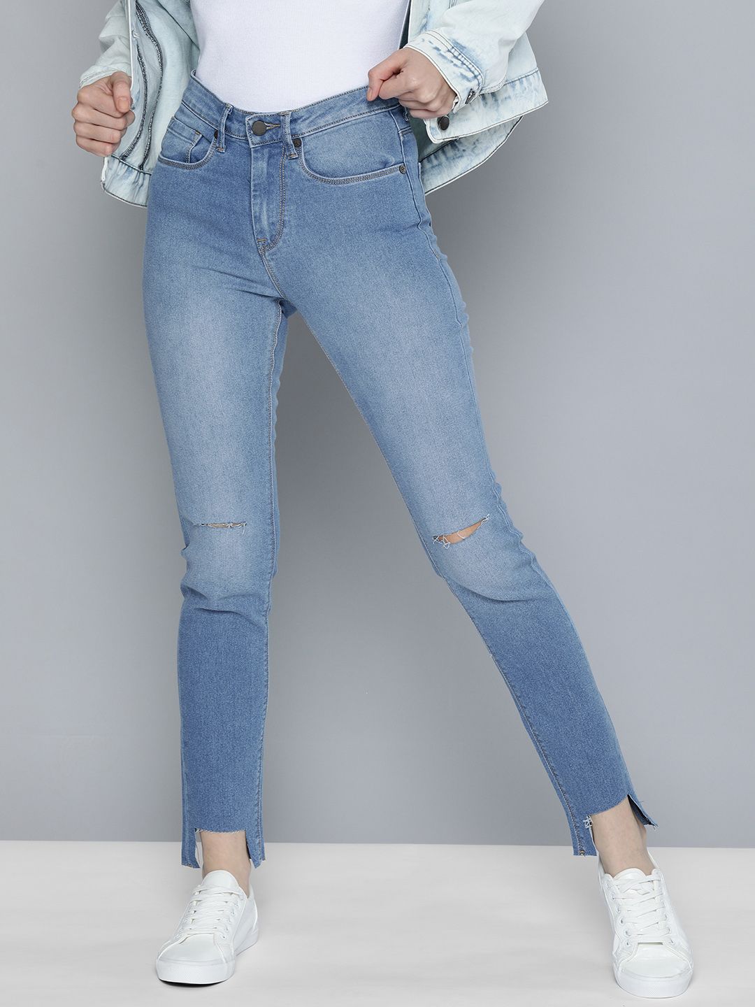 HERE&NOW Women Blue Skinny Fit High-Rise Slash Knee Heavy Fade Stretchable Jeans Price in India