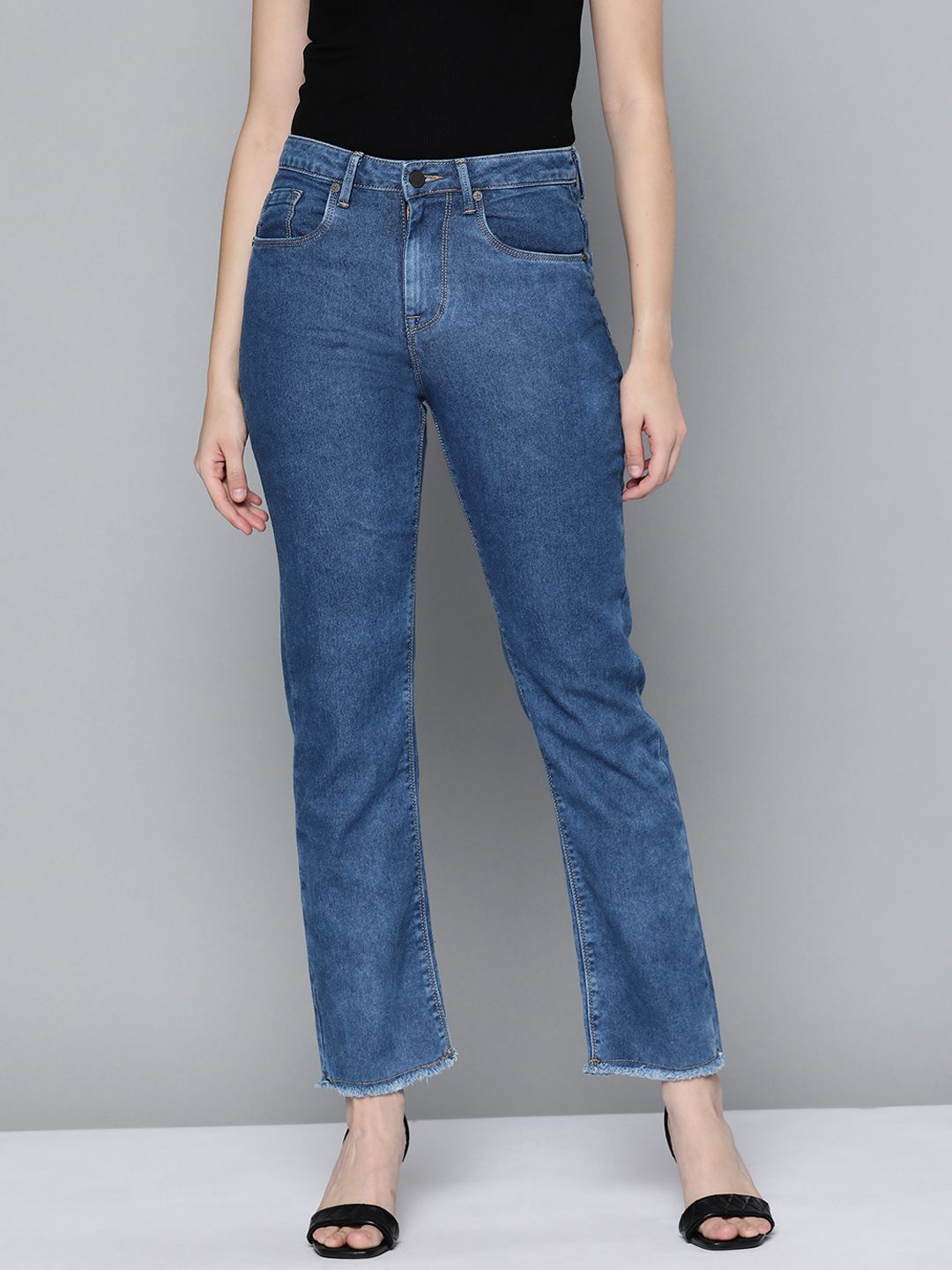 HERE&NOW Women Blue Straight Fit High-Rise Stretchable Jeans Price in India