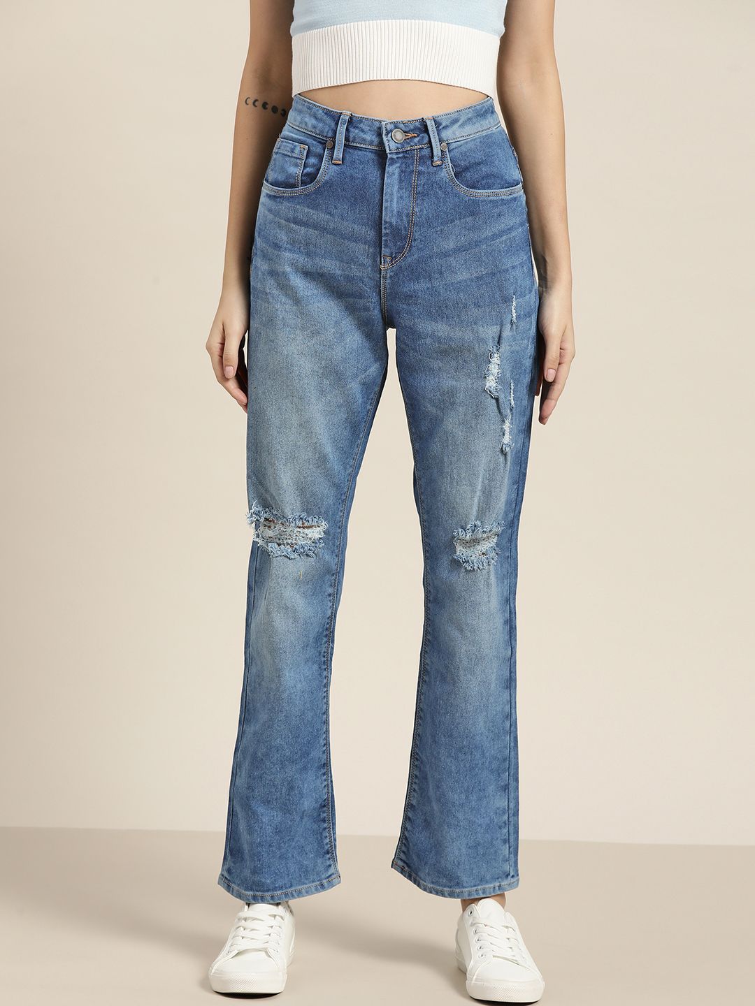 Moda Rapido Women Blue Straight Fit High-Rise Mildly Distressed Light Fade Stretchable Jeans
