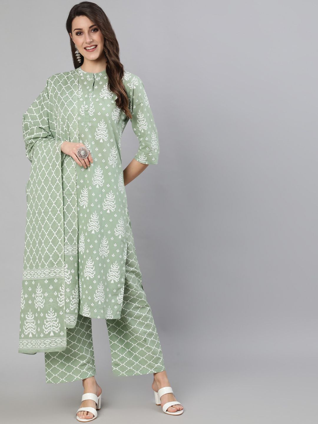 Nayo Women Olive Green Ethnic Motifs Pure Cotton Kurta with Palazzos & With Dupatta