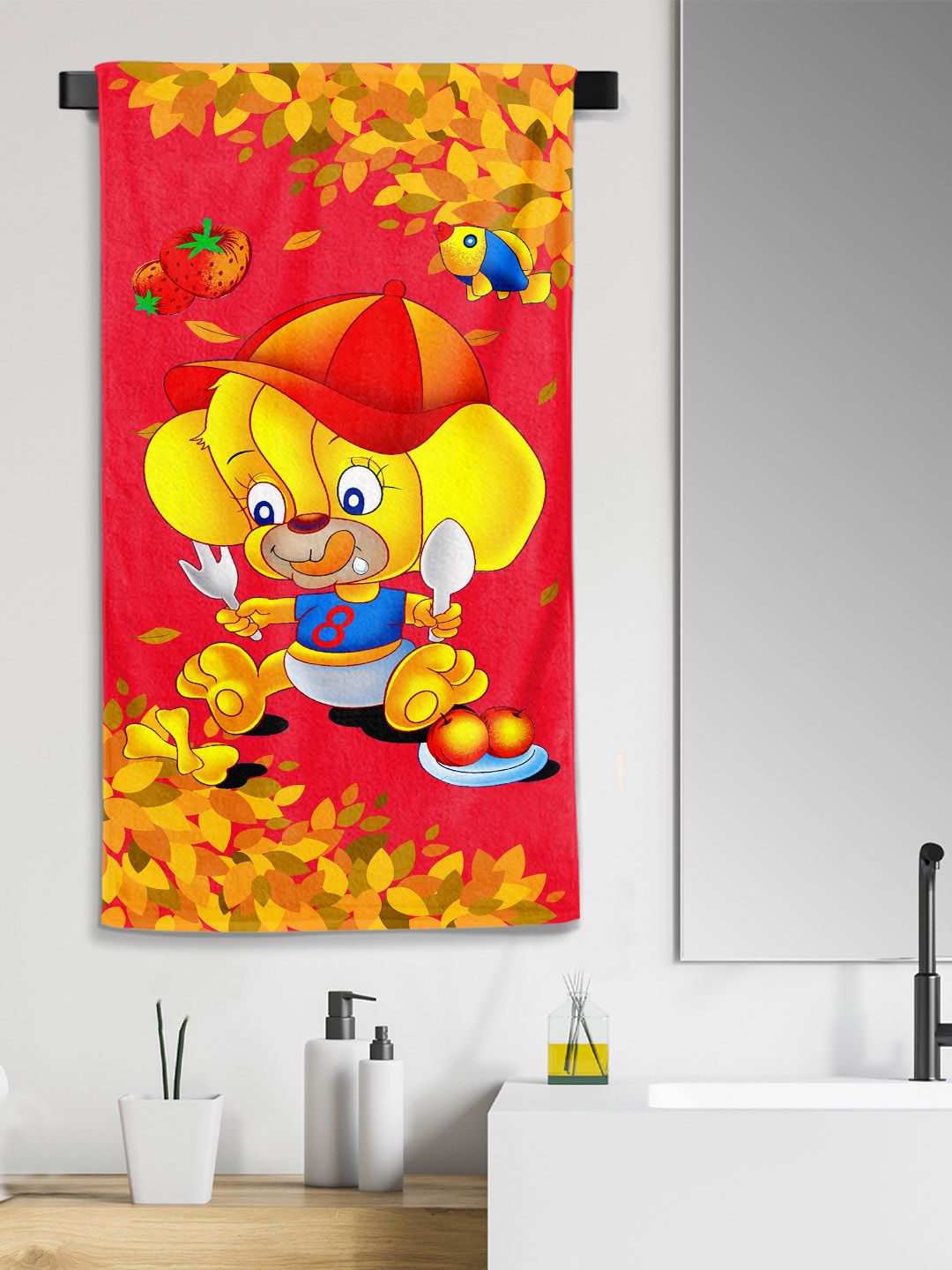 YK Kids Red Red Leaf Cartoon Printed 300 GSM Cotton Bath Towel
