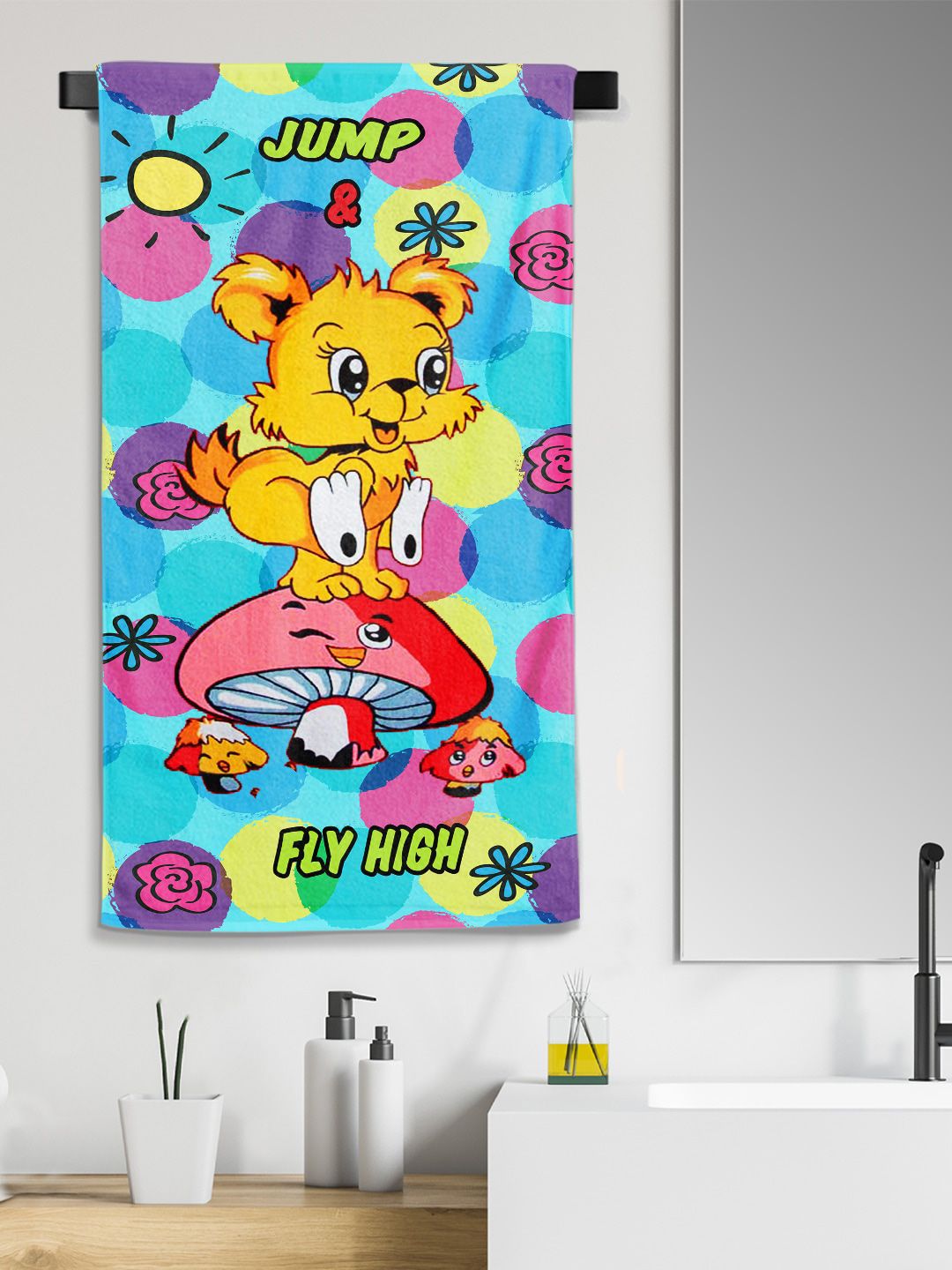 YK Kids Pink & Blue Jump&High Cartoon Printed 300 GSM Pure Natural Cotton Bath Towel