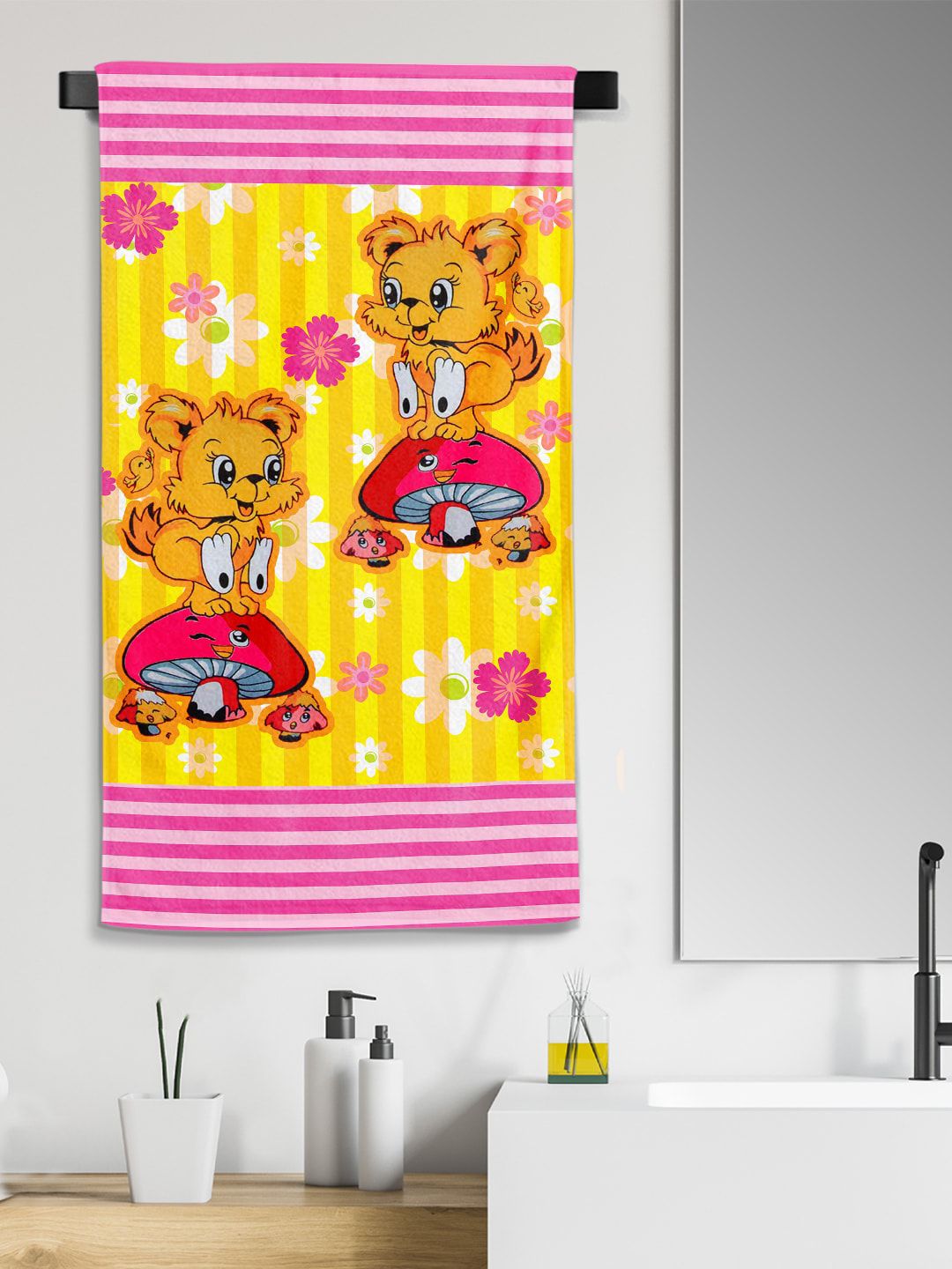 YK Kids Yellow & Pink Jump N High Cartoon Printed 300 GSM Cotton Bath Towel
