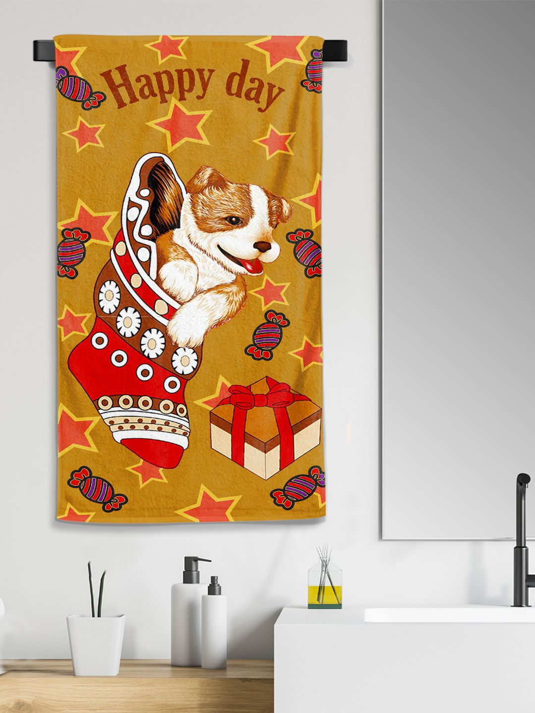 Kids Brown HappyDog Cartoon Printed Extra Large Cotton Bath Towel in 300 GSM