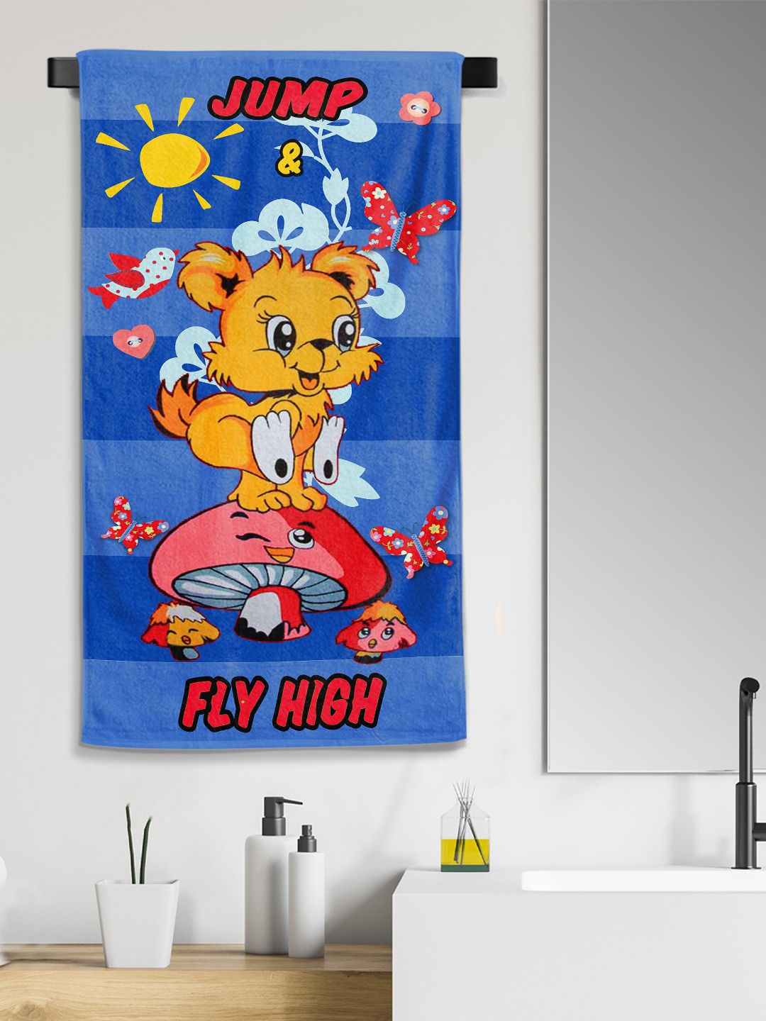 YK Kids Blue & Yellow Cartoon Printed 260 GSM Pure Cotton Bath Towel