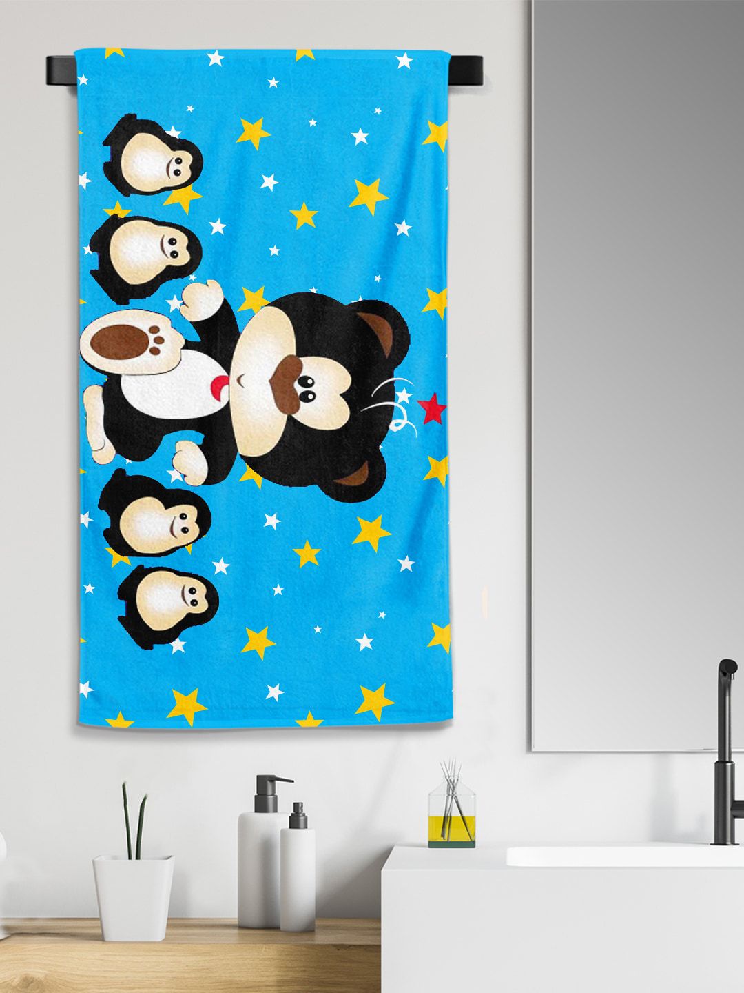 YK Kids Penguin Cartoon Printed Medium Cotton Bath Towel in 300 GSM
