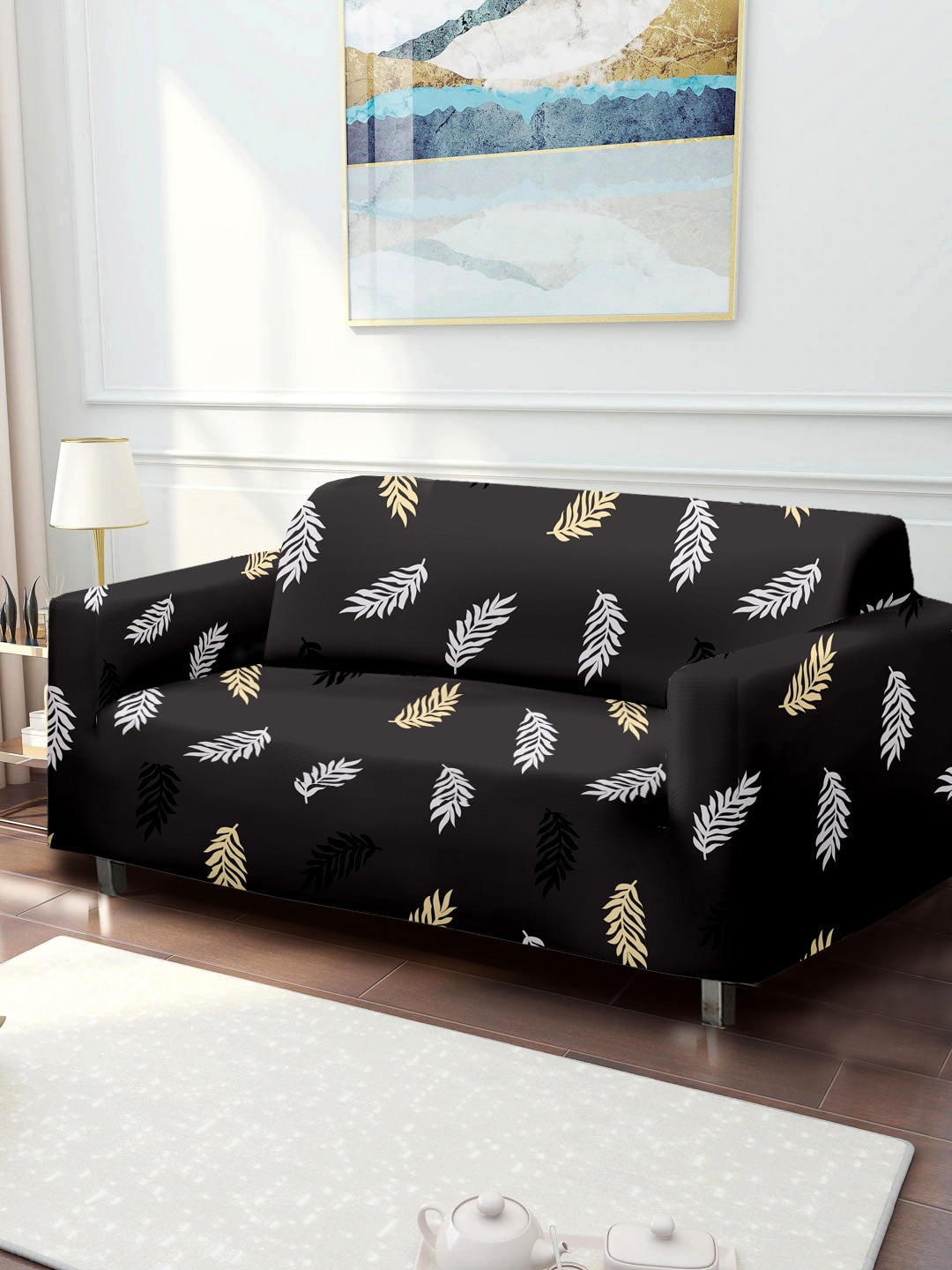 Cortina Charcoal Grey & White Printed 2 Seater Sofa Covers Price in India