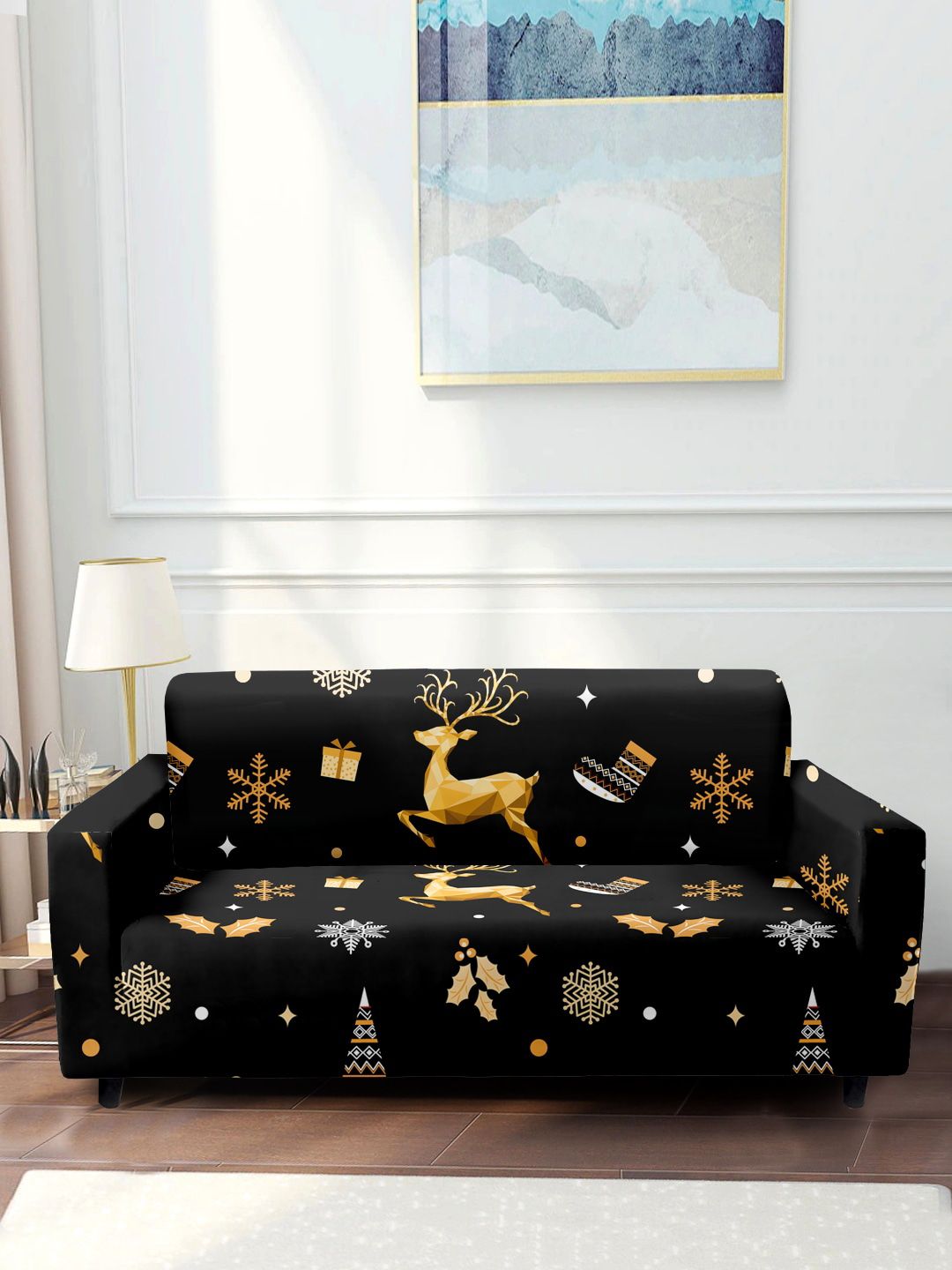 Cortina Black & Yellow Christmas Printed 2 Seater Sofa Cover Price in India