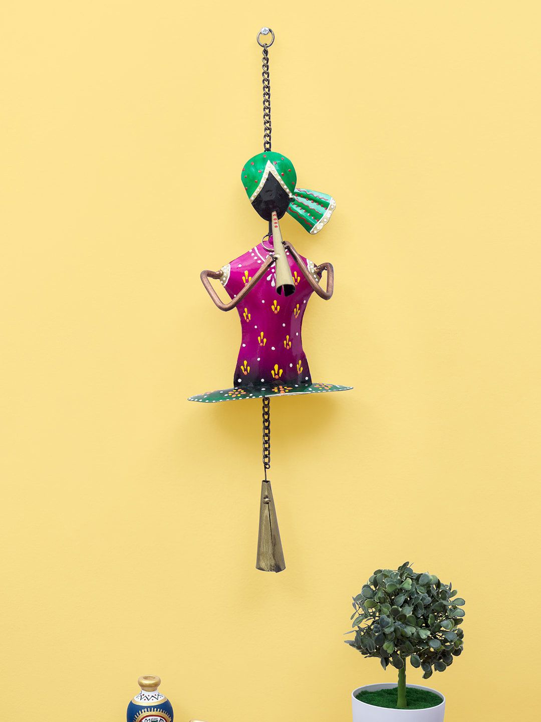 Golden Peacock Pink & Green Rajasthani Turban Musician Bells Hanging Wall Decor Price in India