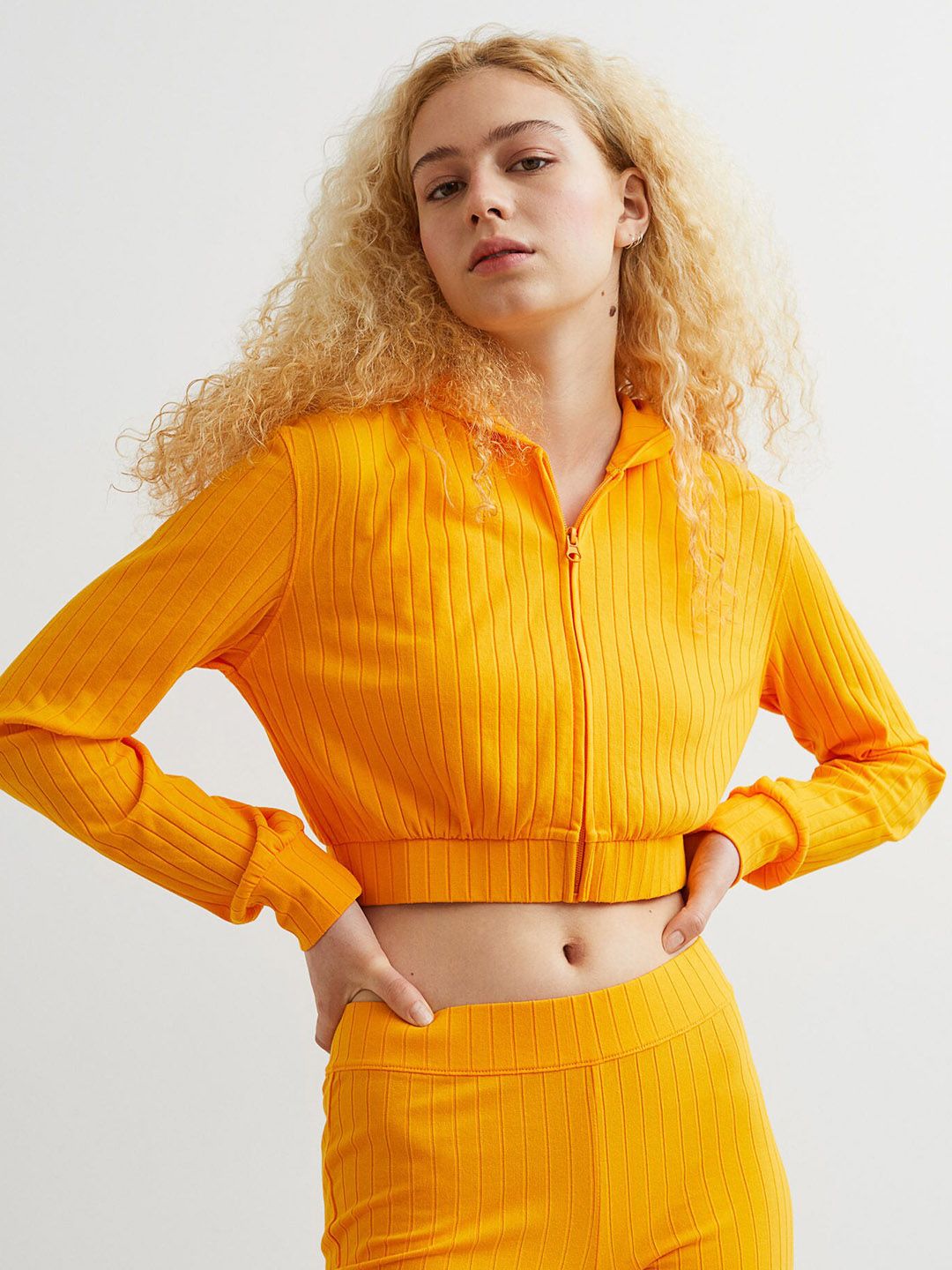 H&M Orange Cropped Zip-Through Hoodie Price in India