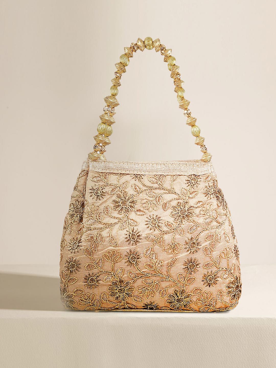 Metro Gold-Toned Floral Structured Handheld Bag with Applique Price in India