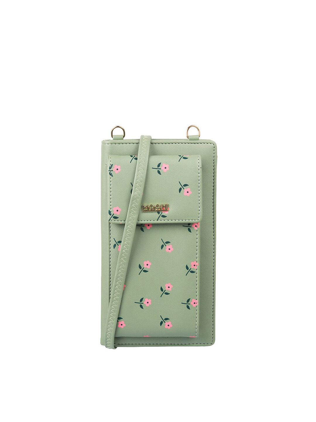 Mochi Women Green & Pink Floral Printed PU Card Holder with Sling Strap Price in India