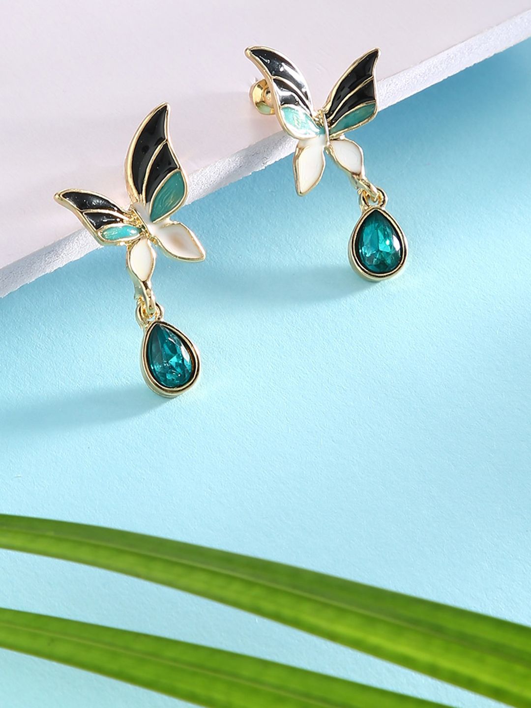 Sepia Gold-Plated & Blue Butterfly Drop Earrings Price in India