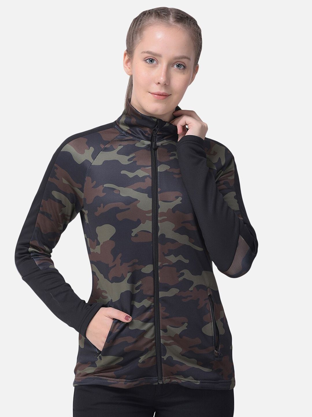 Woodland Women Olive Green & Navy Blue Camouflage Printed Sweatshirt Price in India
