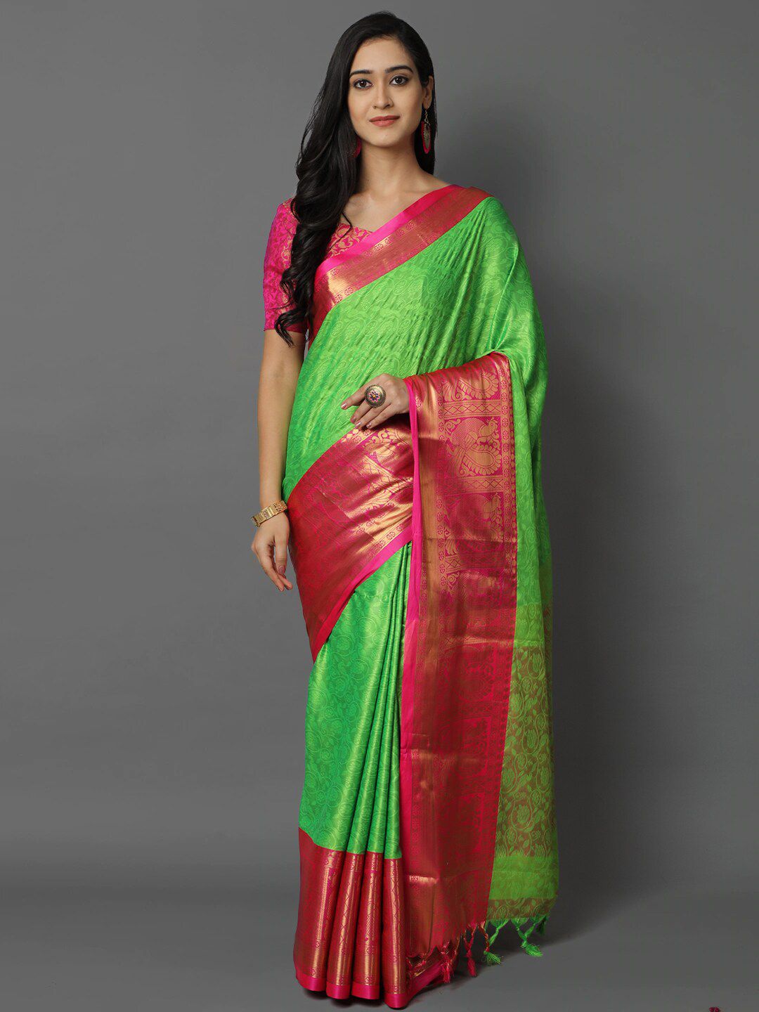 Mitera Green & Magenta Ethnic Motifs Zari Silk Cotton Mysore Silk Saree Price in India