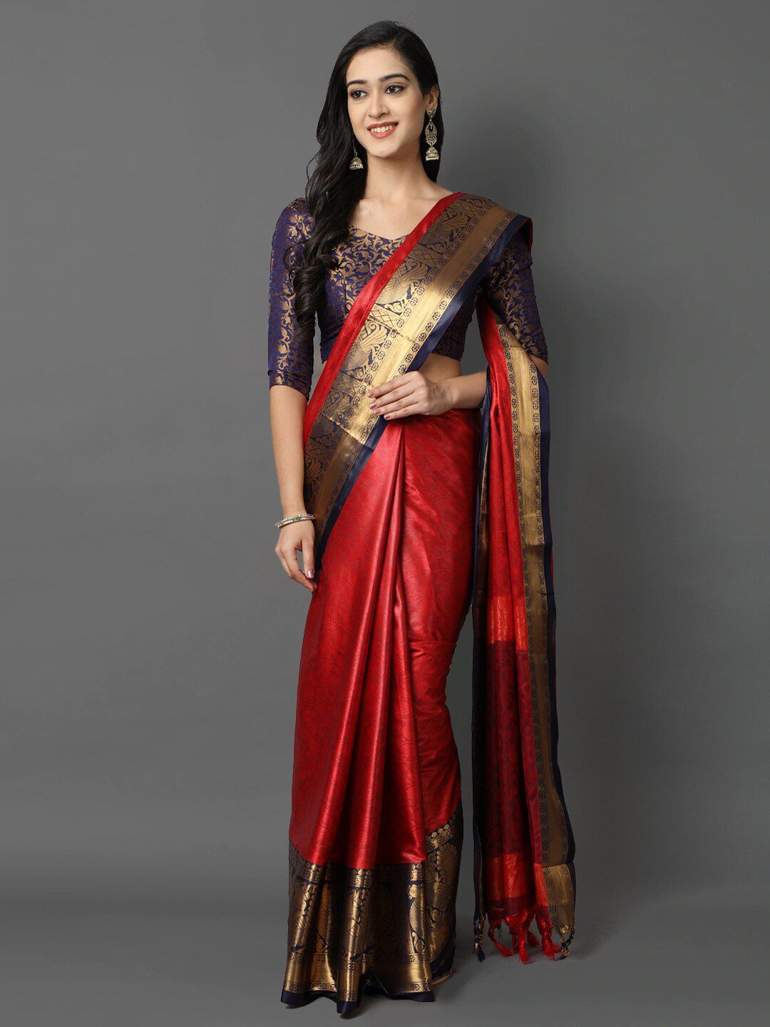 Mitera Red & Blue Ethnic Motifs Zari Silk Cotton Mysore Silk Saree Price in India