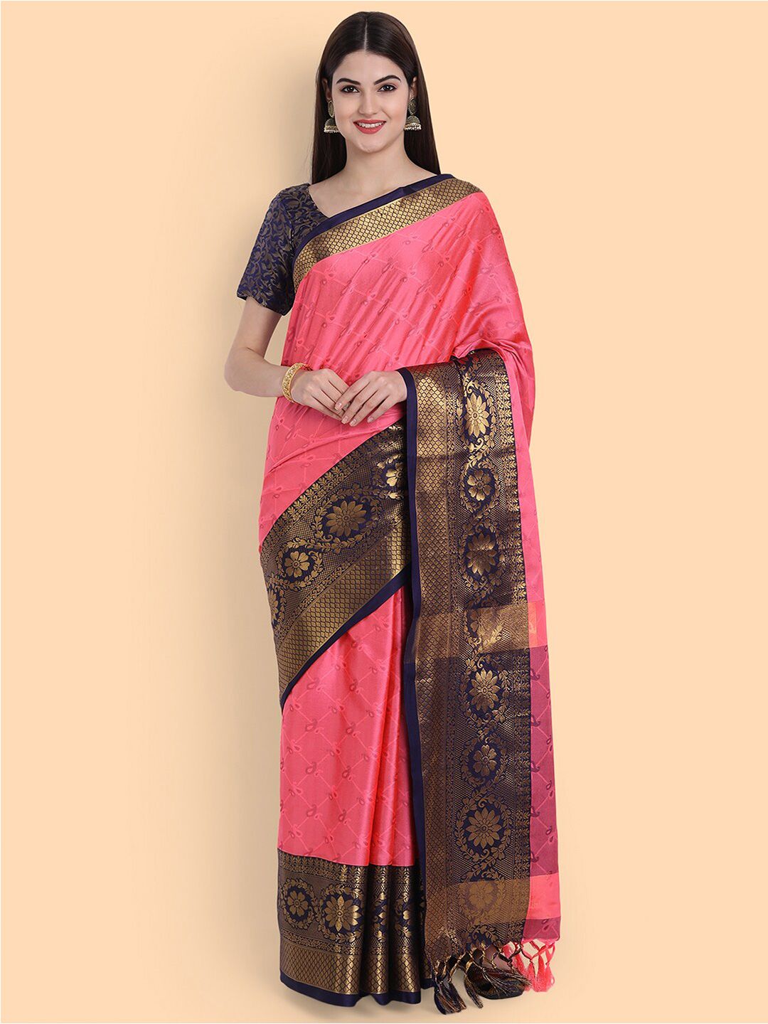 Mitera Pink & Navy Blue Woven Design Zari Silk Cotton Mysore Silk Saree Price in India