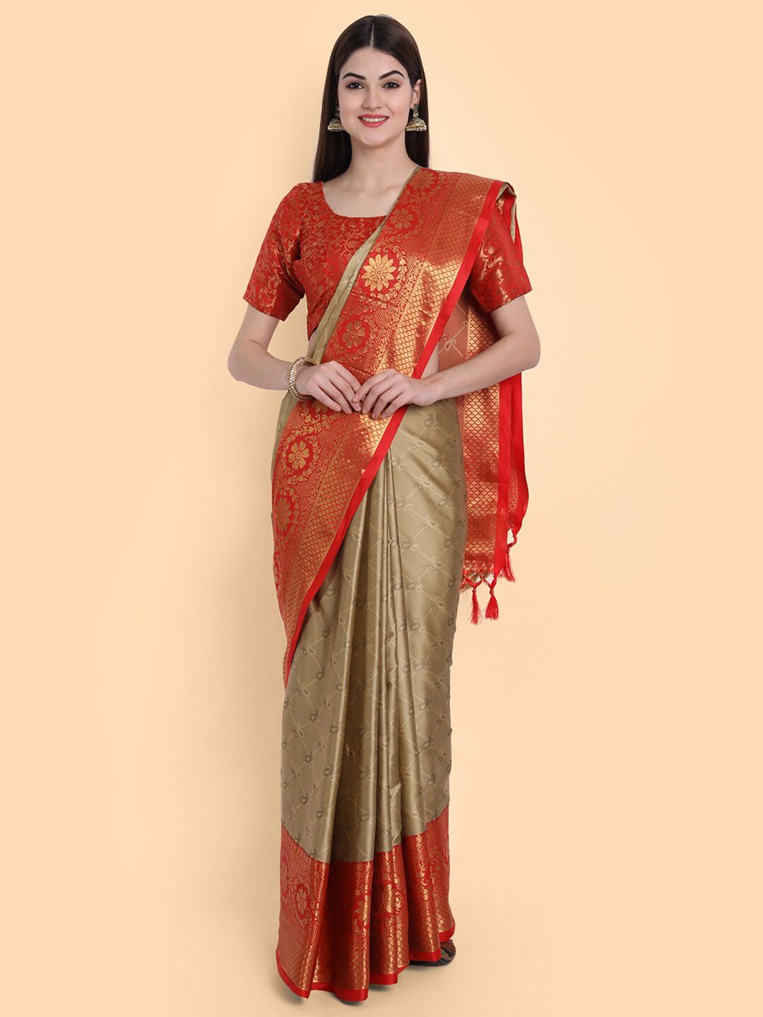 Mitera Beige & Gold-Toned Woven Design Zari Silk Cotton Mysore Silk Saree Price in India