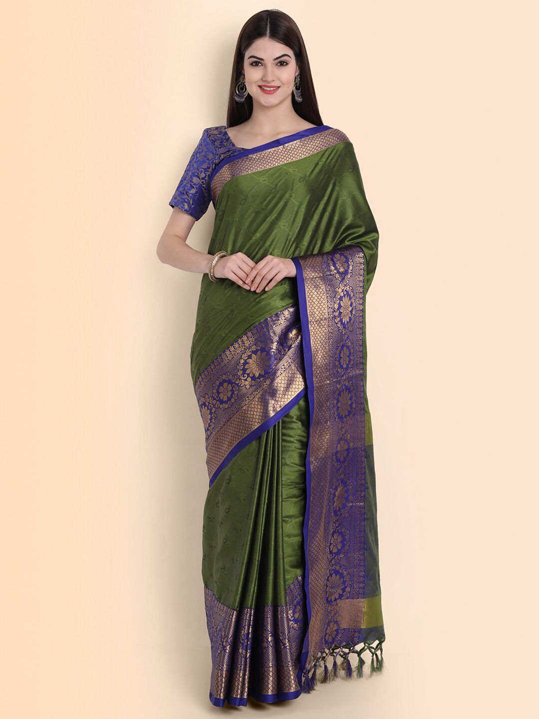 Mitera Green & Blue Floral Zari Silk Cotton Mysore Silk Saree Price in India