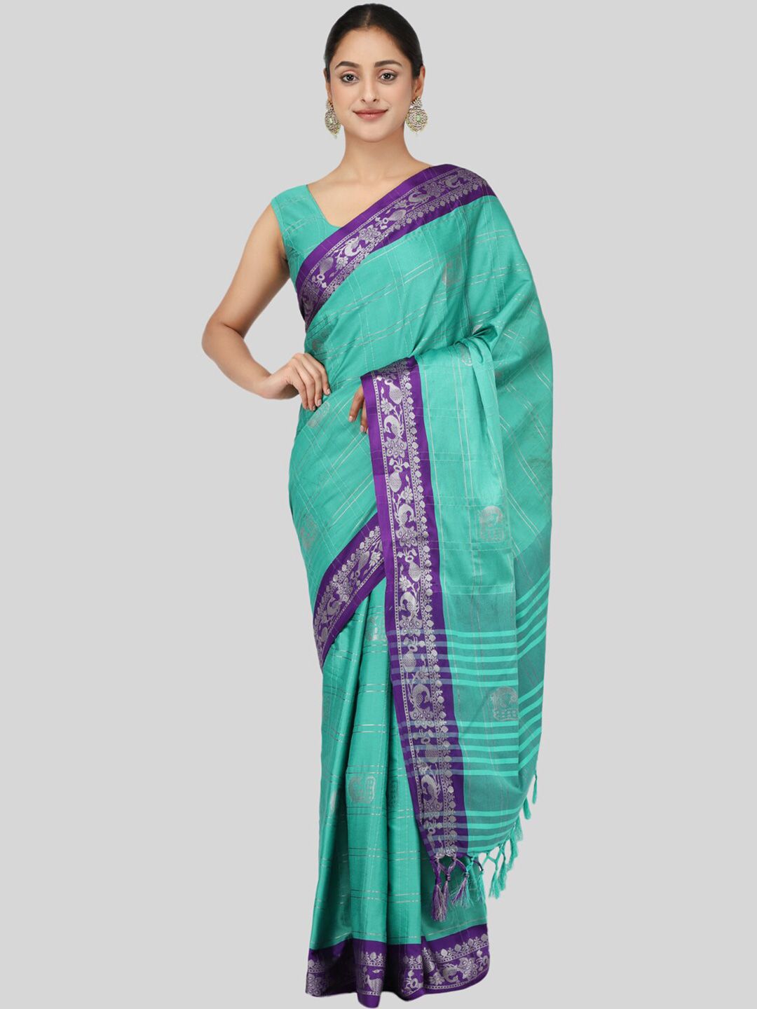 Mitera Turquoise Blue & Purple Ethnic Motifs Zari Silk Cotton Mysore Silk Saree Price in India