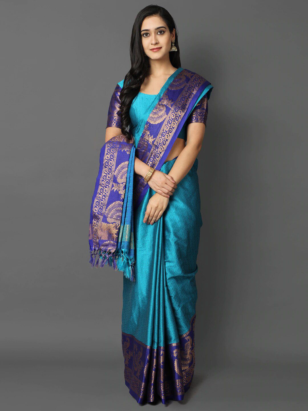 Mitera Turquoise Blue & Gold-Toned Woven Design Zari Silk Cotton Mysore Silk Saree Price in India