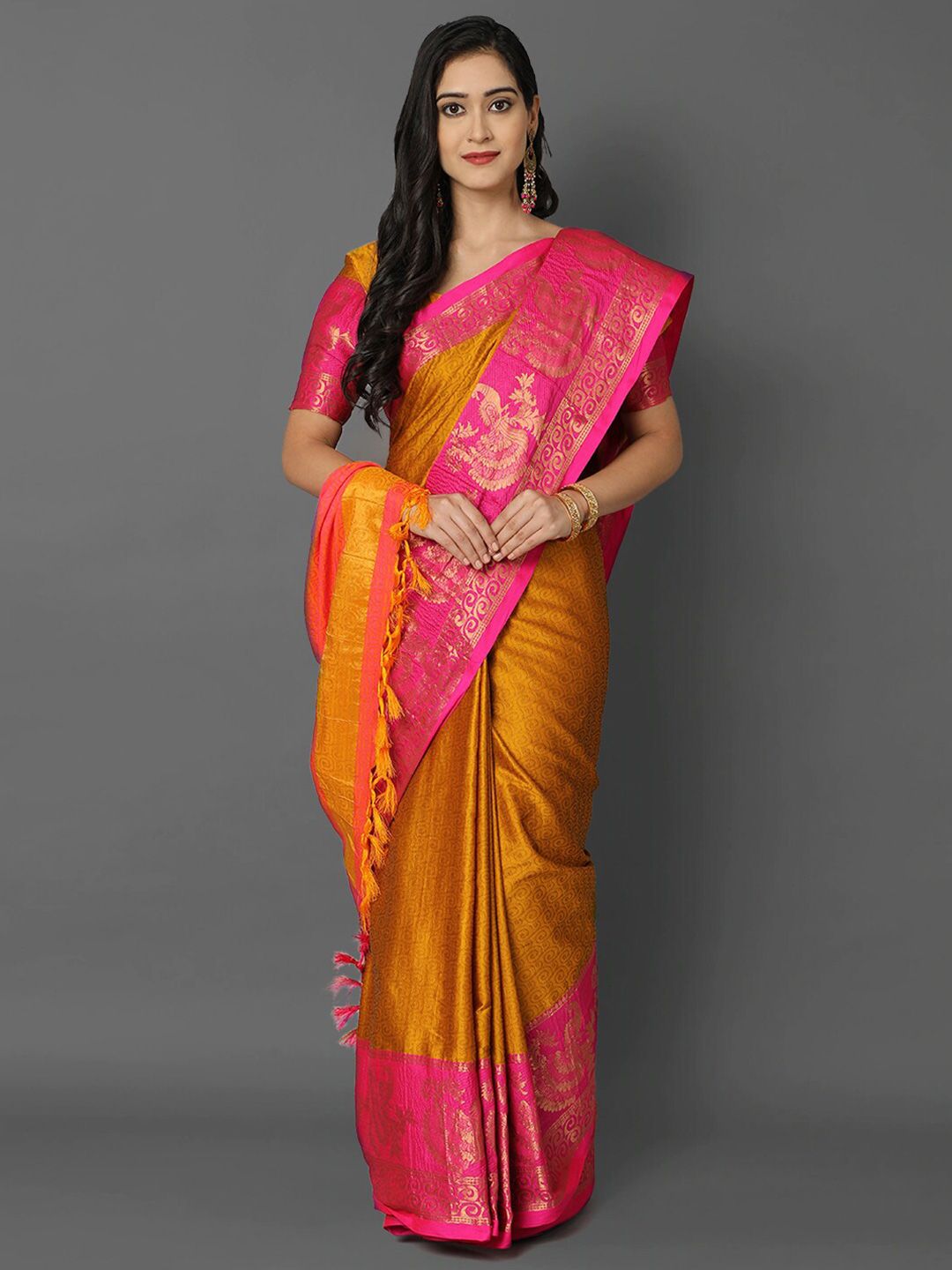 Mitera Yellow & Gold-Toned Woven Design Zari Silk Cotton Mysore Silk Saree Price in India