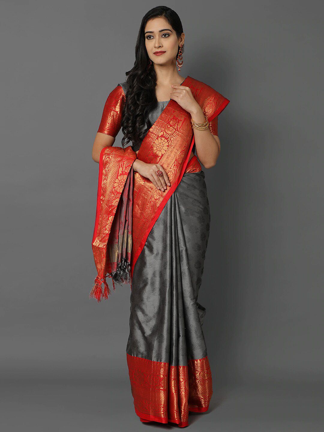 Mitera Grey & Red Woven Design Zari Silk Cotton Mysore Silk Saree Price in India