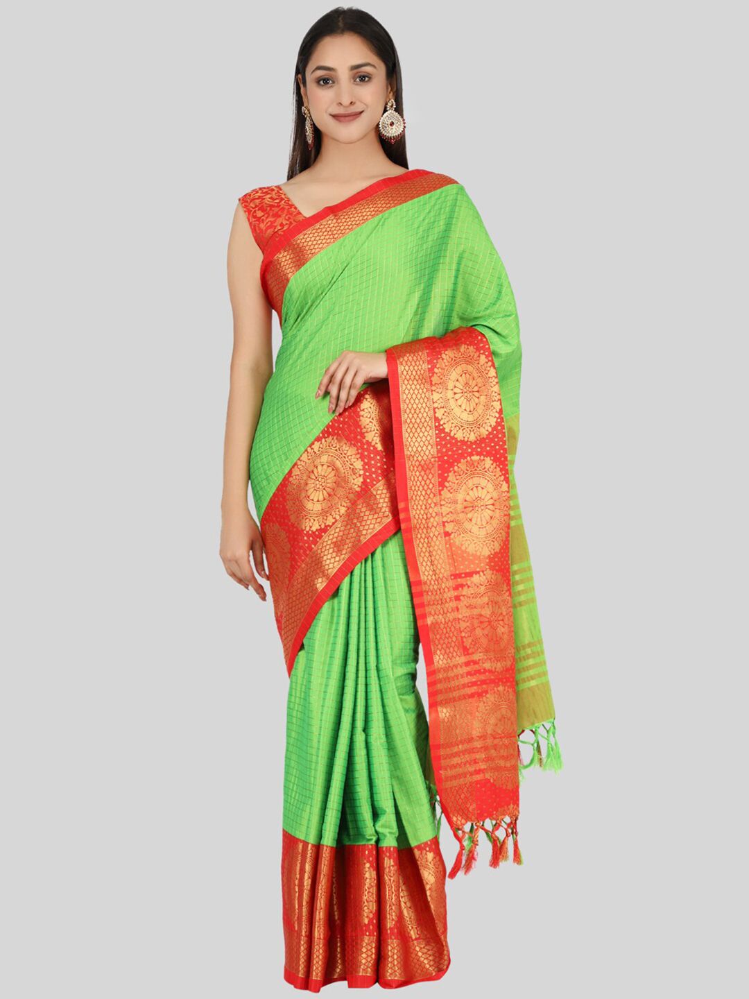 Mitera Green & Orange Checked Zari Silk Cotton Mysore Silk Saree Price in India