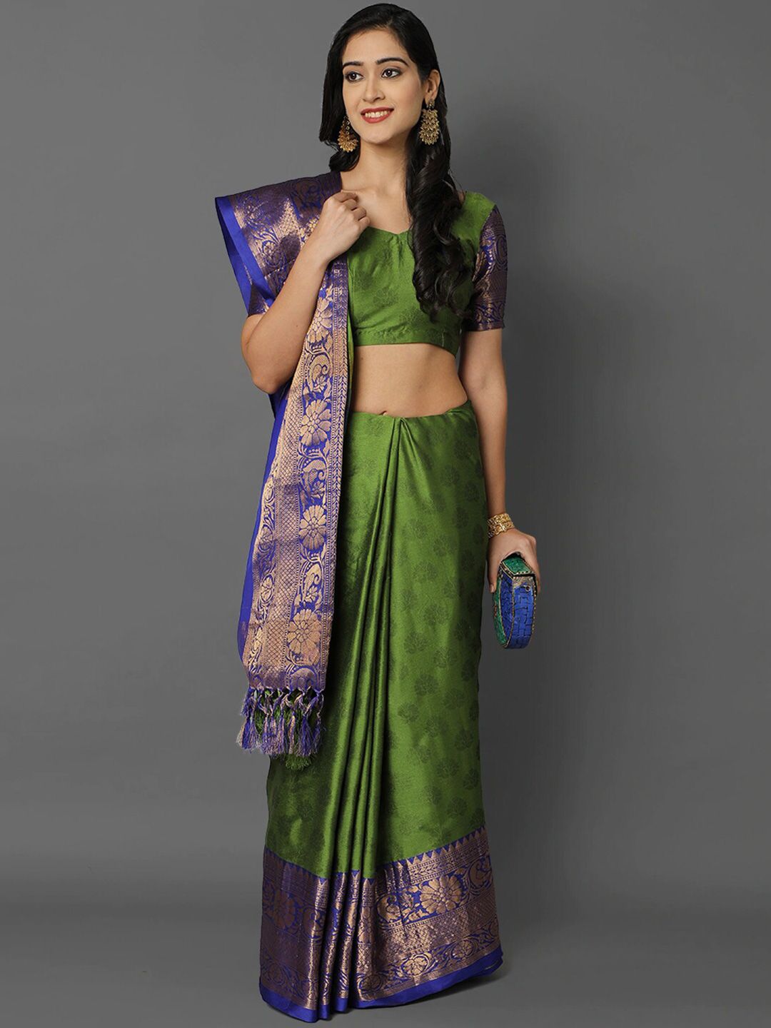 Mitera Green & Blue Ethnic Motifs Zari Silk Cotton Mysore Silk Saree Price in India