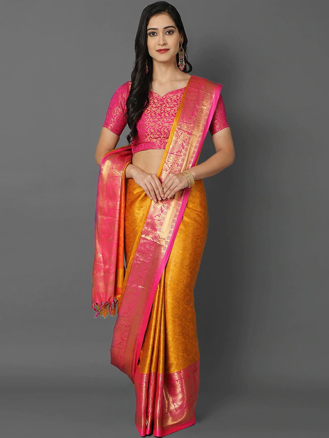 Mitera Fuchsia & Gold-Toned Ethnic Motifs Zari Silk Cotton Mysore Silk Saree Price in India