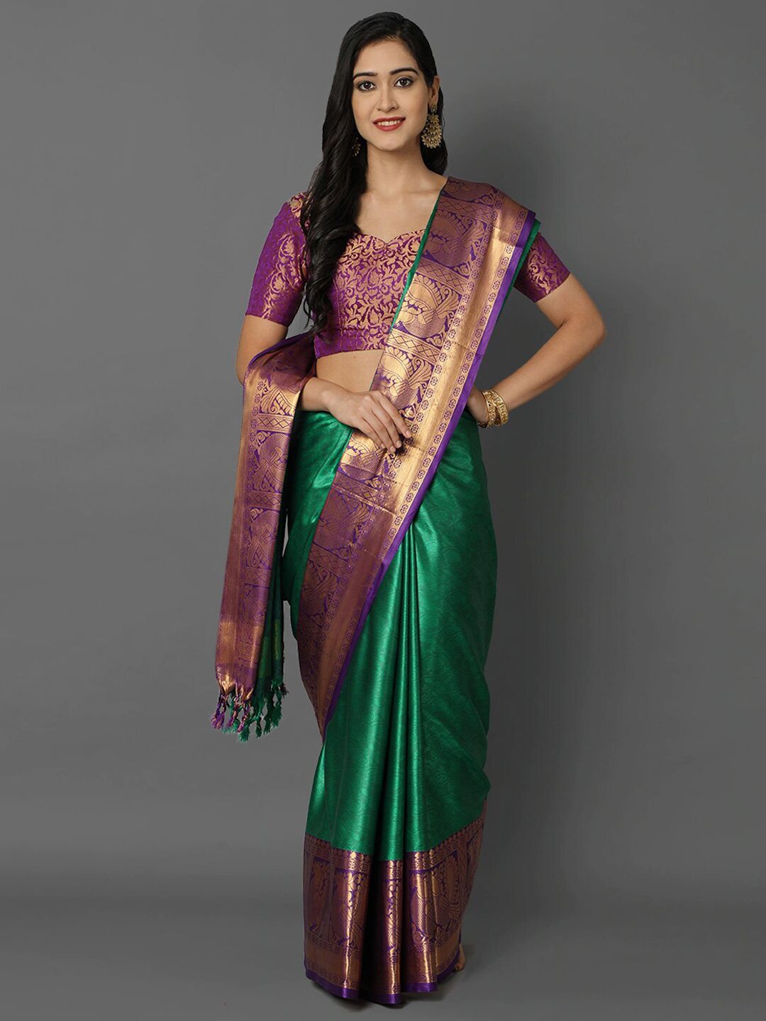 Mitera Green & Violet Floral Zari Silk Cotton Mysore Silk Saree Price in India