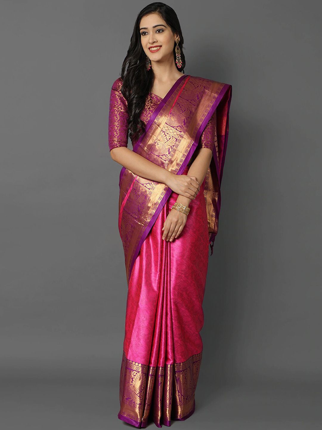 Mitera Pink & Purple Woven Design Zari Silk Cotton Mysore Silk Saree Price in India