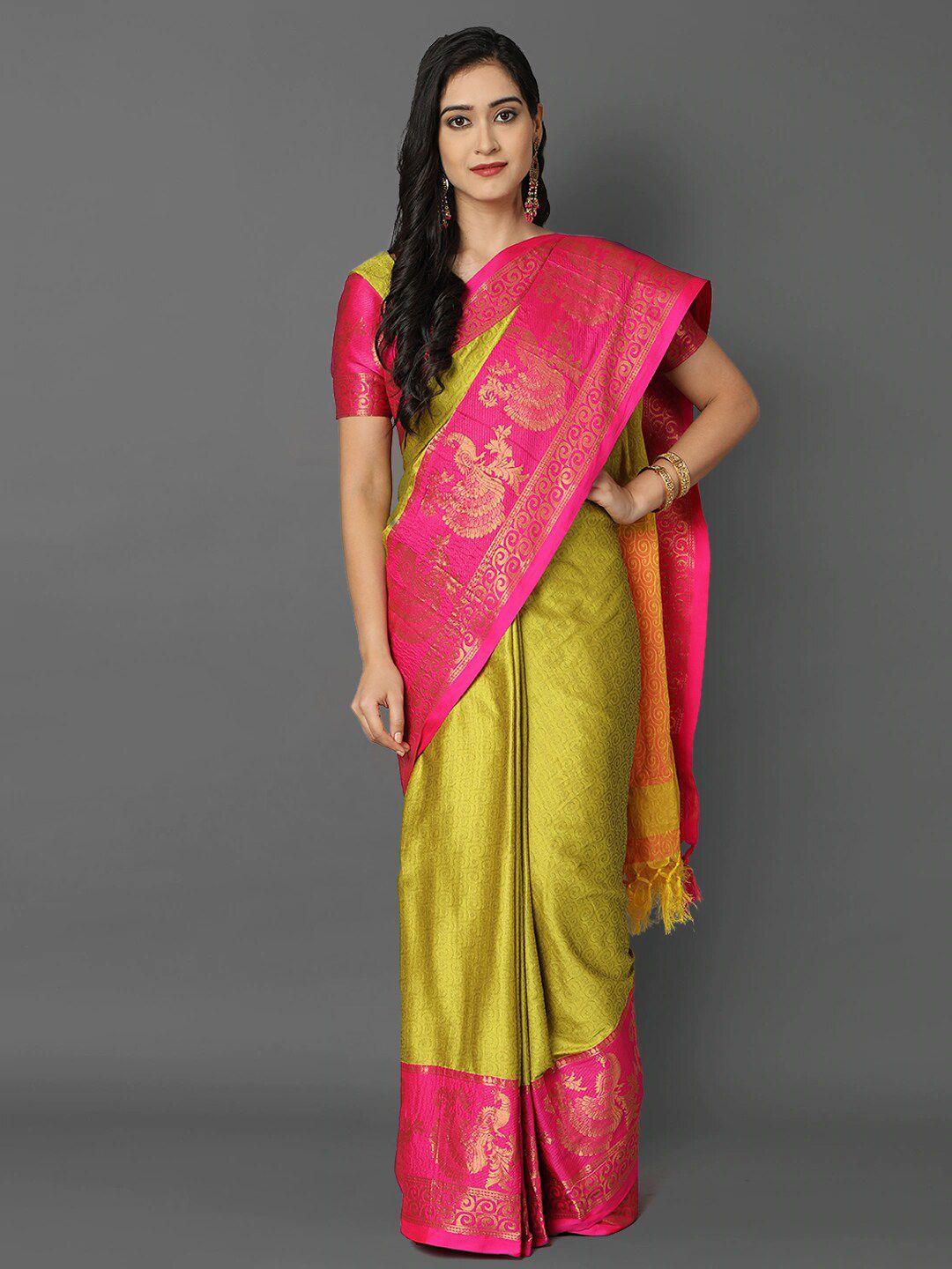 Mitera Yellow & Pink Woven Design Zari Silk Cotton Mysore Silk Saree Price in India