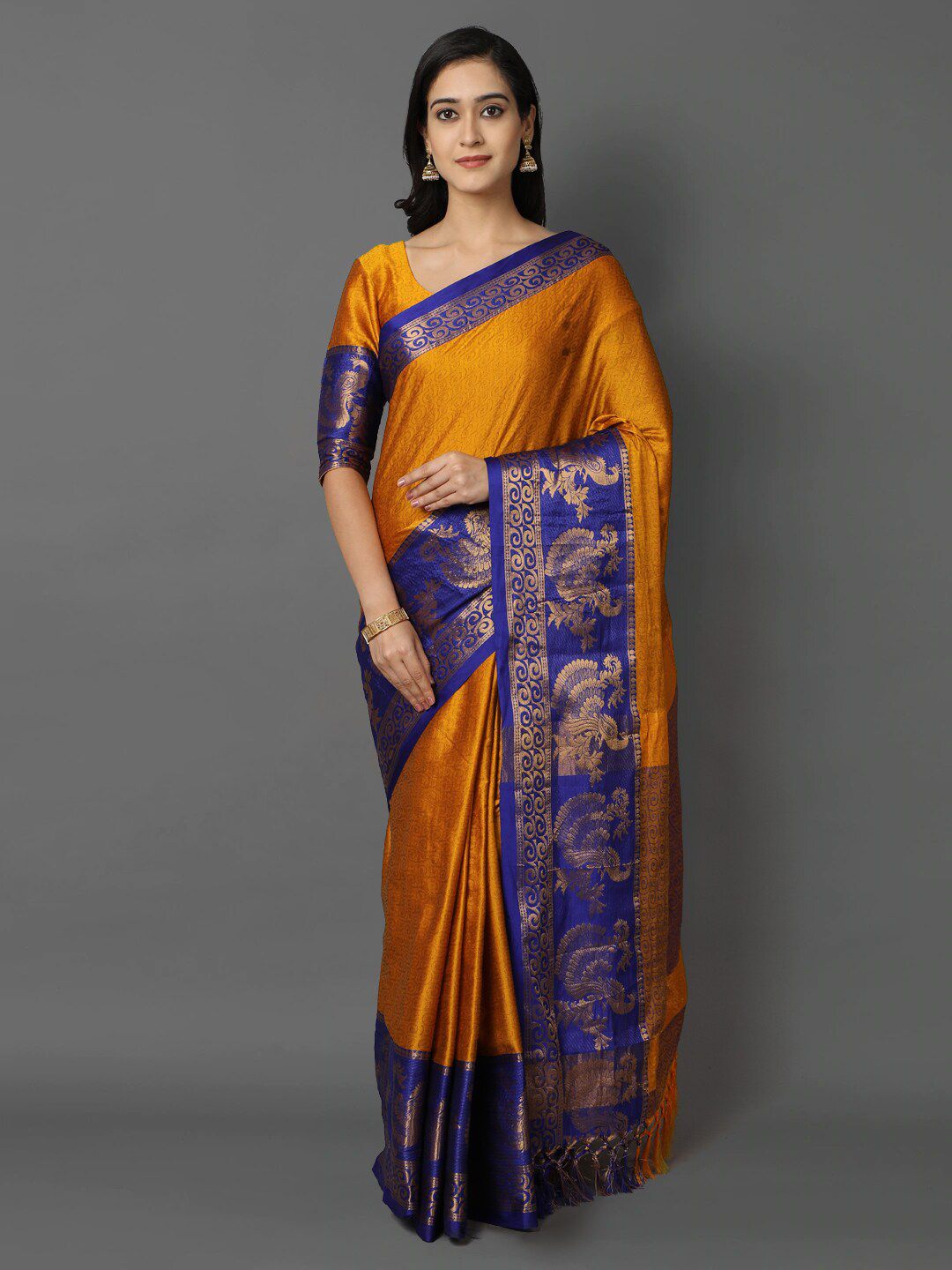 Mitera Gold-Toned & Blue Ethnic Motifs Zari Silk Cotton Mysore Silk Saree Price in India