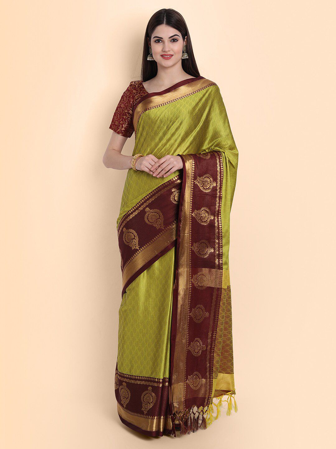 Mitera Lime Green & Maroon Woven Design Zari Silk Cotton Mysore Silk Saree Price in India