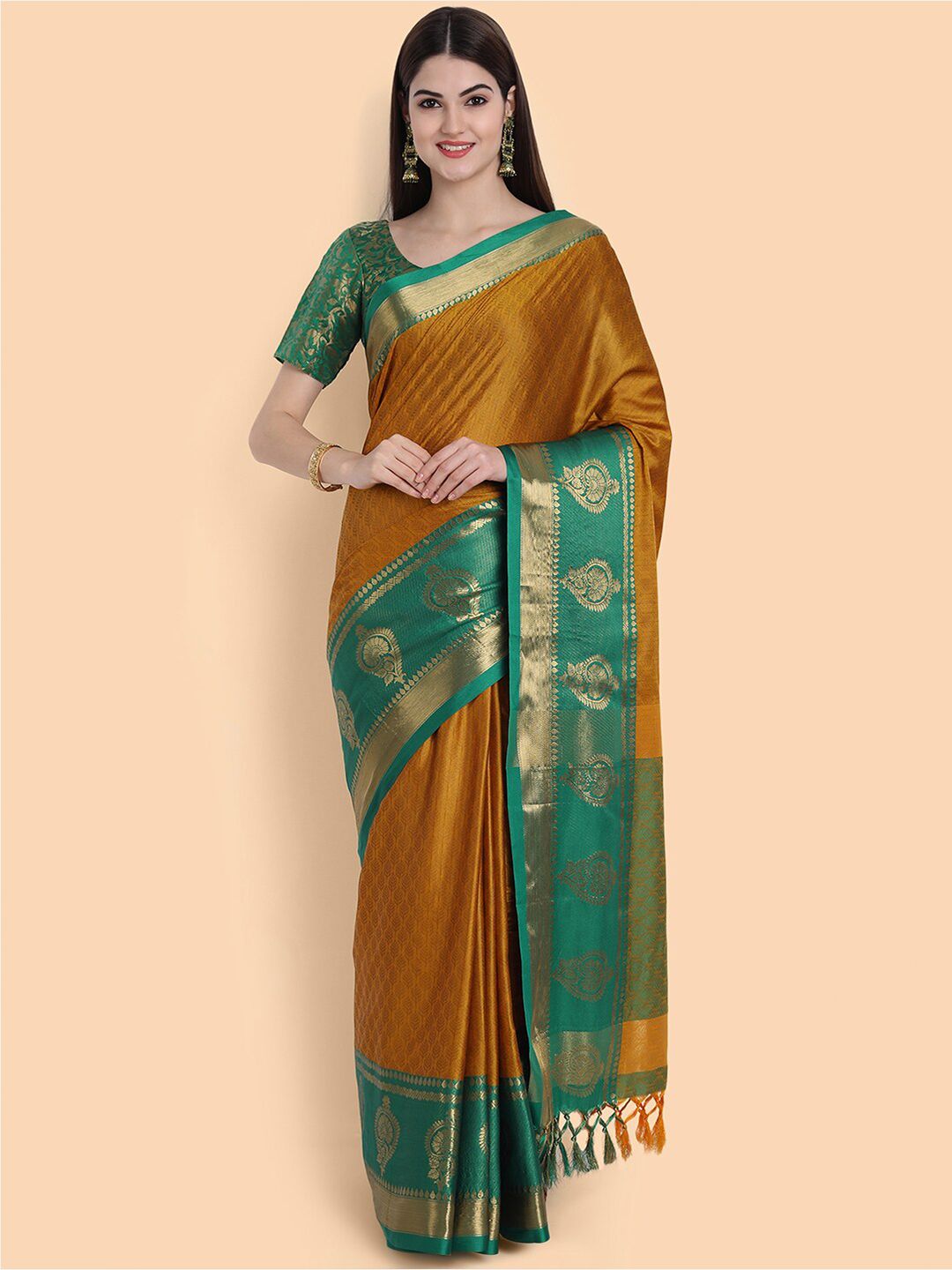 Mitera Orange & Green Woven Design Zari Silk Cotton Mysore Silk Saree Price in India