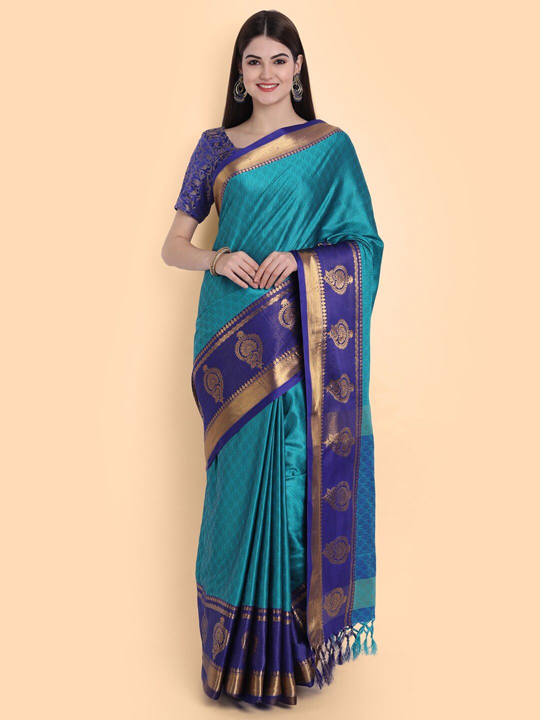 Mitera Turquoise Blue & Gold-Toned Ethnic Motifs Zari Silk Cotton Mysore Silk Saree Price in India