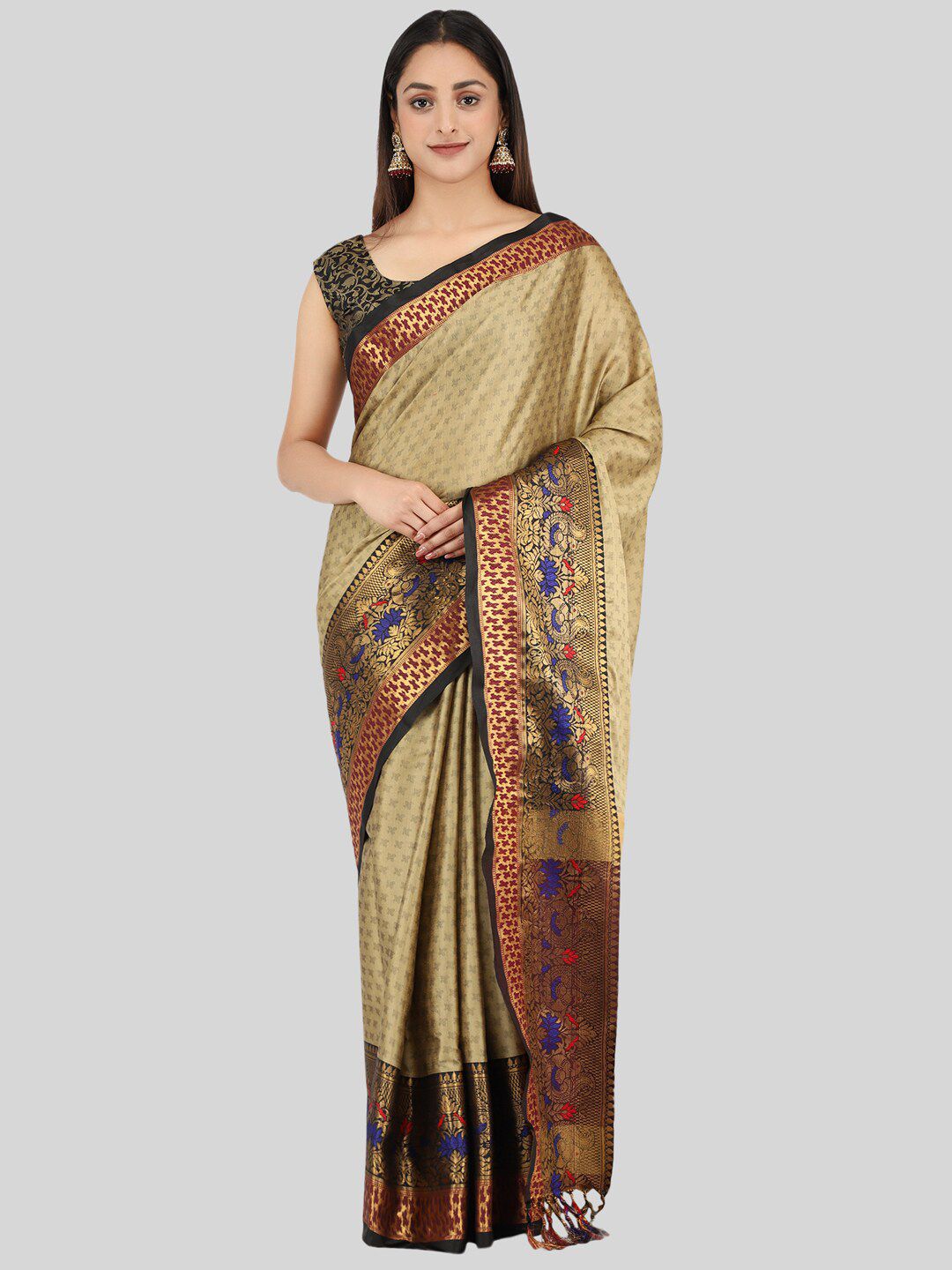 Mitera Beige & Gold-Toned Woven Design Zari Silk Cotton Mysore Silk Saree Price in India