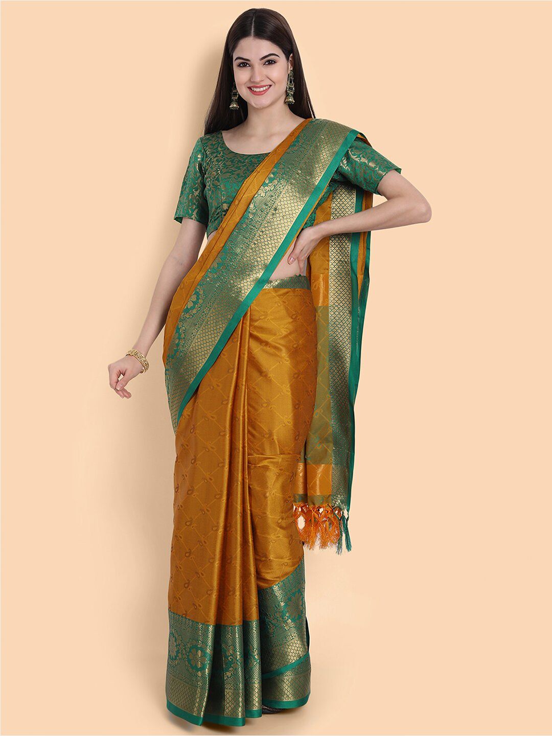 Mitera Mustard & Green Ethnic Motifs Zari Silk Cotton Mysore Silk Saree Price in India