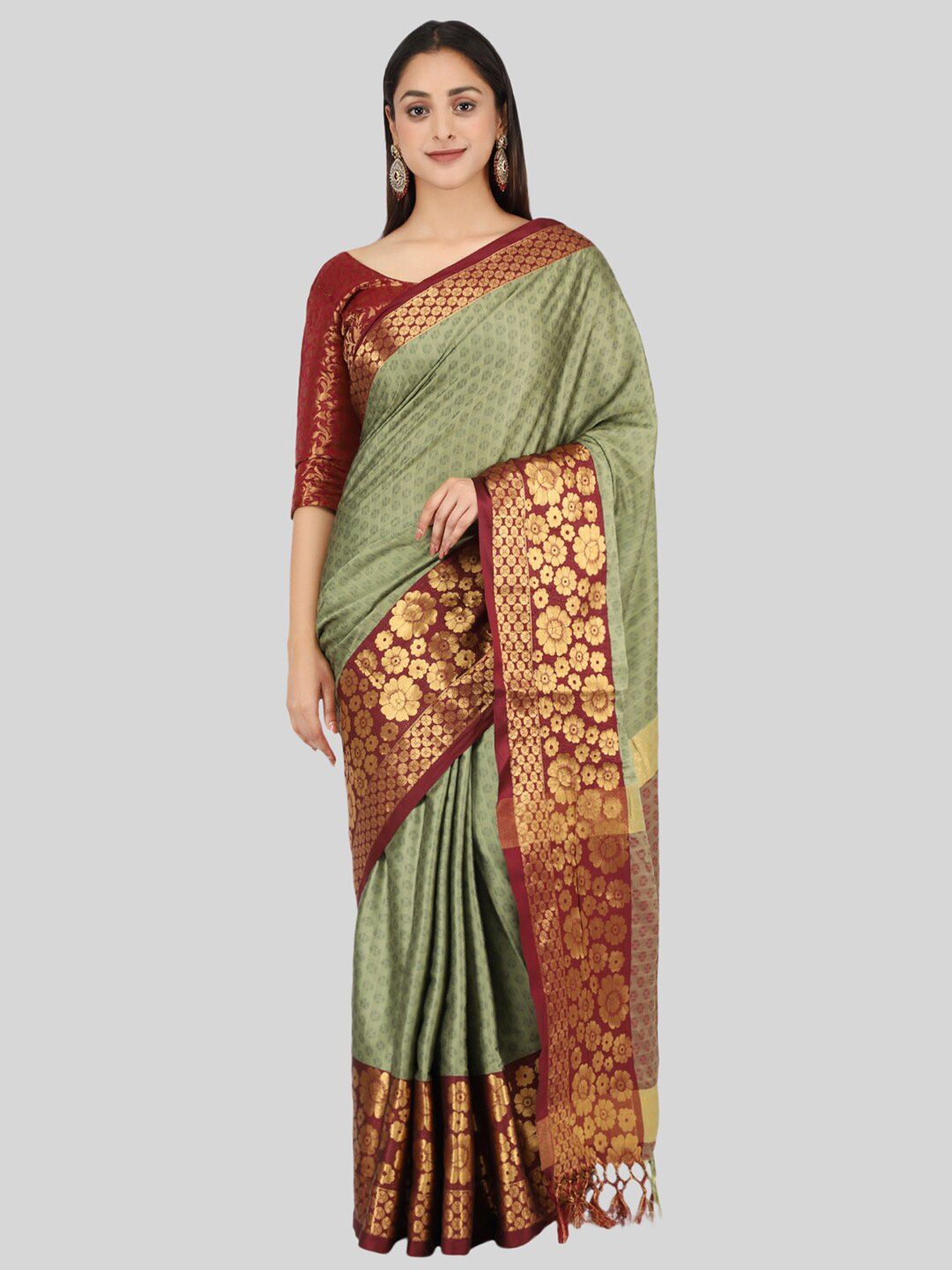 Mitera Olive Green & Gold-Toned Floral Zari Silk Cotton Mysore Silk Saree Price in India