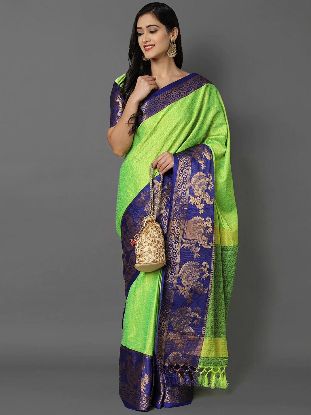 Mitera Fluorescent Green & Gold-Toned Ethnic Motifs Zari Silk Cotton Mysore Silk Saree Price in India