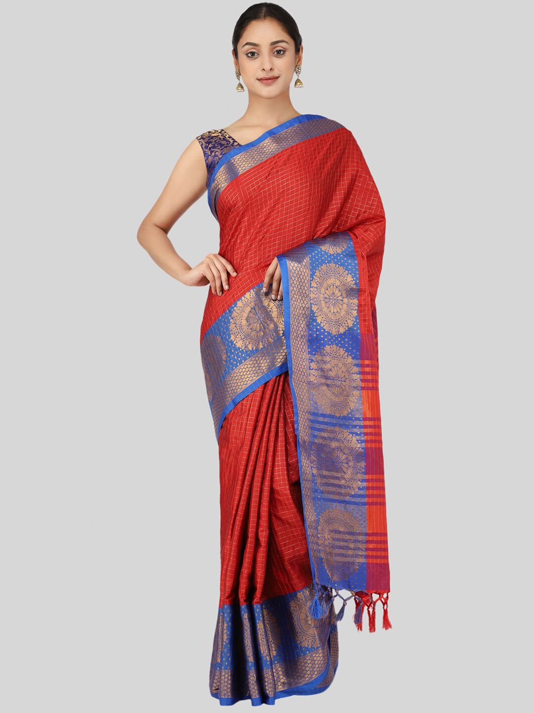 Mitera Red & Blue Checked Zari Silk Cotton Mysore Silk Saree Price in India