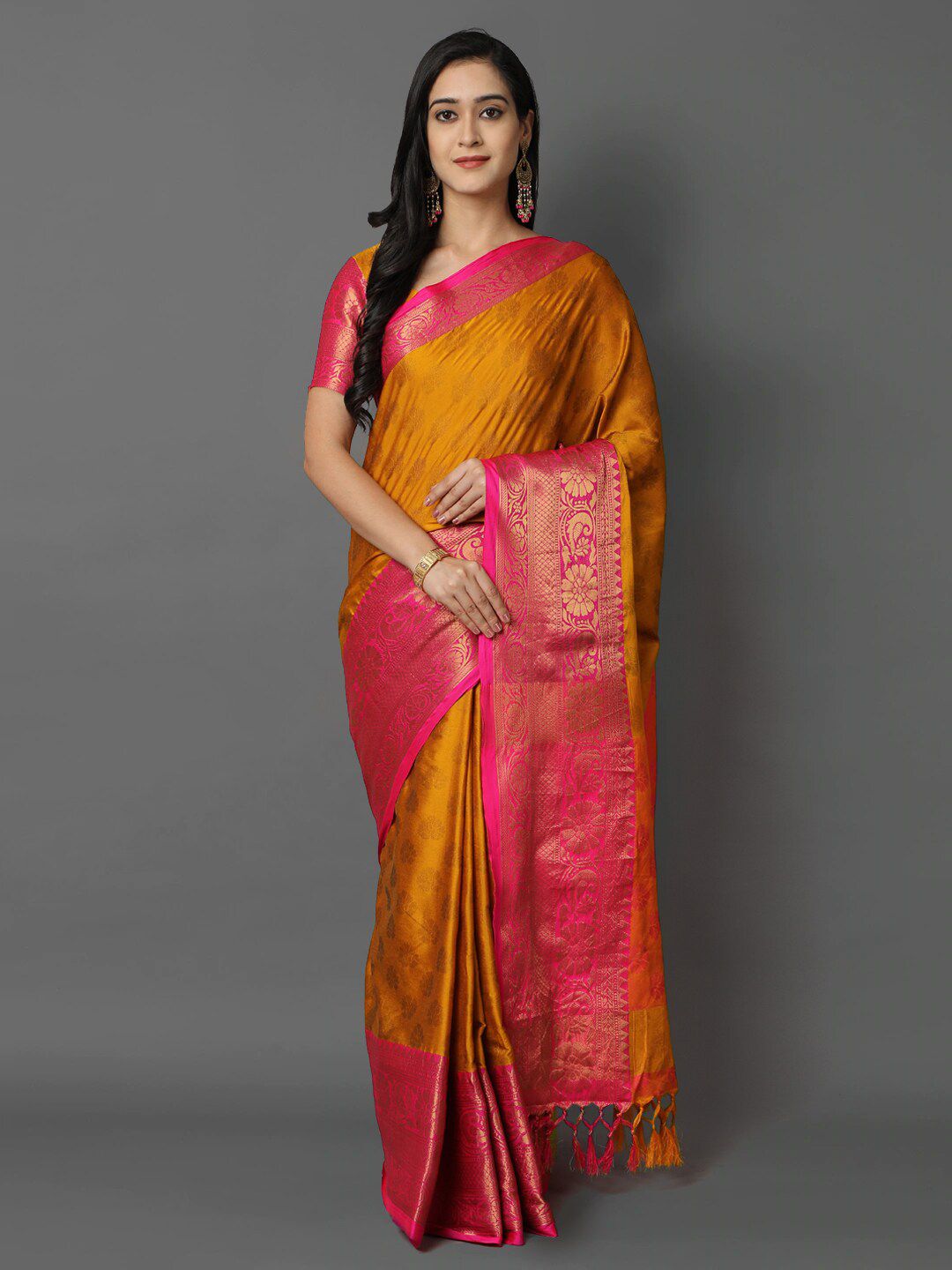 Mitera Yellow & Pink Ethnic Motifs Zari Silk Cotton Mysore Silk Saree Price in India