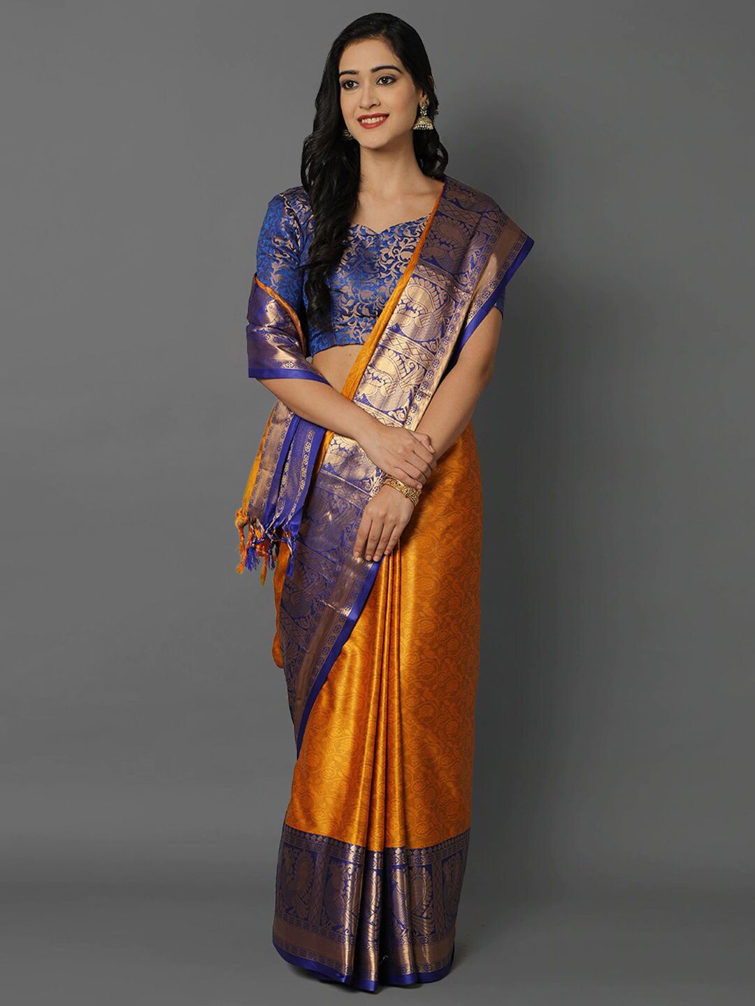 Mitera Gold-Toned & Blue Ethnic Motifs Zari Silk Cotton Mysore Silk Saree Price in India