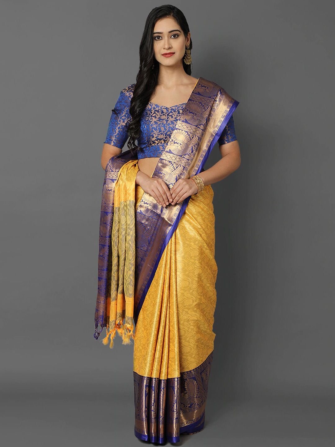 Mitera Yellow & Gold-Toned Ethnic Motifs Zari Silk Cotton Mysore Silk Saree Price in India